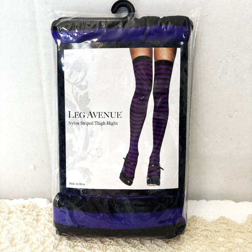 Leg Ave Purple & Blk Stripe Thigh Highs  NWT NOS One Size